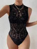 Sleeveless Halter Bodysuit Mesh Flocked Print Sheer Slim Fit Elegant Fashion Crew Neck