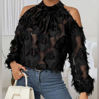 Fringe Mock Neck Cold Shoulder/Long Sleeve Blouse
