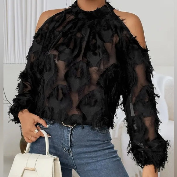 Fringe Mock Neck Cold Shoulder/Long Sleeve Blouse