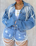Long Sleeve Denim Jacket with Collar and Pearls