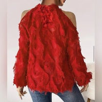 Fringe Mock Neck Cold Shoulder/Long Sleeve Blouse