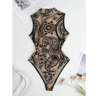 Sleeveless Halter Bodysuit Mesh Flocked Print Sheer Slim Fit Elegant Fashion Crew Neck