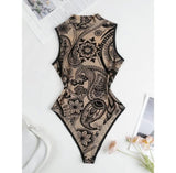 Sleeveless Halter Bodysuit Mesh Flocked Print Sheer Slim Fit Elegant Fashion Crew Neck