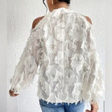Fringe Mock Neck Cold Shoulder/Long Sleeve Blouse