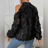 Fringe Mock Neck Cold Shoulder/Long Sleeve Blouse