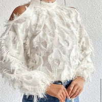 Fringe Mock Neck Cold Shoulder/Long Sleeve Blouse