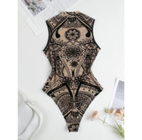 Sleeveless Halter Bodysuit Mesh Flocked Print Sheer Slim Fit Elegant Fashion Crew Neck