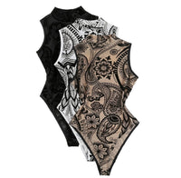 Sleeveless Halter Bodysuit Mesh Flocked Print Sheer Slim Fit Elegant Fashion Crew Neck