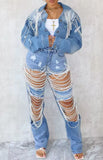 Long Sleeve Denim Jacket with Collar and Pearls