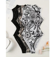 Sleeveless Halter Bodysuit Mesh Flocked Print Sheer Slim Fit Elegant Fashion Crew Neck