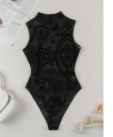 Sleeveless Halter Bodysuit Mesh Flocked Print Sheer Slim Fit Elegant Fashion Crew Neck