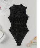 Sleeveless Halter Bodysuit Mesh Flocked Print Sheer Slim Fit Elegant Fashion Crew Neck