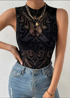 Sleeveless Halter Bodysuit Mesh Flocked Print Sheer Slim Fit Elegant Fashion Crew Neck