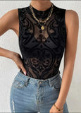 Sleeveless Halter Bodysuit Mesh Flocked Print Sheer Slim Fit Elegant Fashion Crew Neck