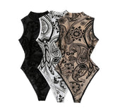 Sleeveless Halter Bodysuit Mesh Flocked Print Sheer Slim Fit Elegant Fashion Crew Neck
