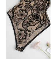 Sleeveless Halter Bodysuit Mesh Flocked Print Sheer Slim Fit Elegant Fashion Crew Neck