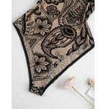 Sleeveless Halter Bodysuit Mesh Flocked Print Sheer Slim Fit Elegant Fashion Crew Neck