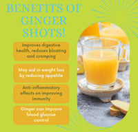 An advertisement for a ginger shot product, highlighting its benefits such as improving digestive health, reducing inflammation, and controlling blood sugar levels.