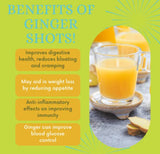 An advertisement for a ginger shot product, highlighting its benefits such as improving digestive health, reducing inflammation, and controlling blood sugar levels.