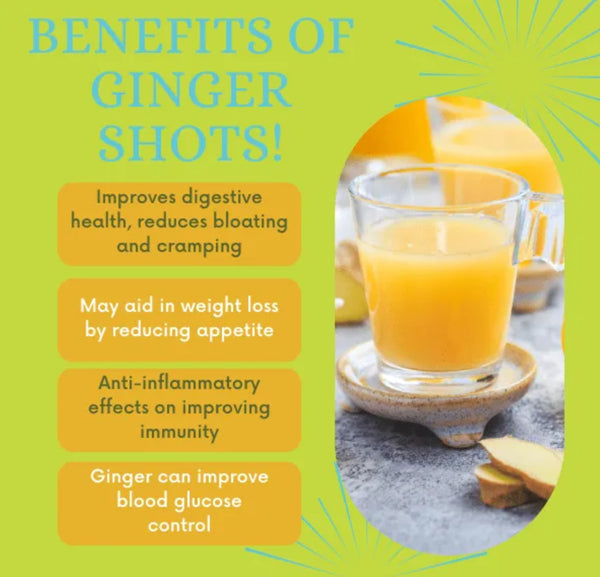 An advertisement for a ginger shot product, highlighting its benefits such as improving digestive health, reducing inflammation, and controlling blood sugar levels.