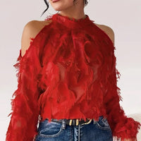 Fringe Mock Neck Cold Shoulder/Long Sleeve Blouse