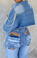 Long Sleeve Denim Jacket with Collar and Pearls