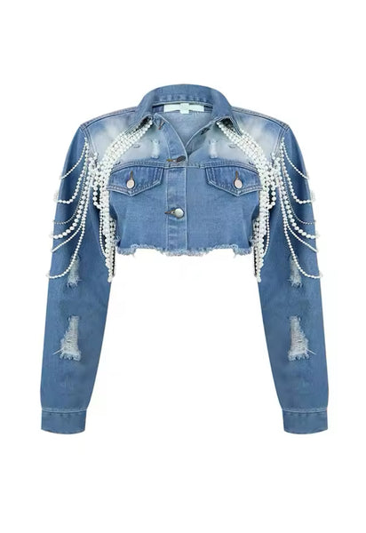 Long Sleeve Denim Jacket with Collar and Pearls