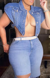 Short Denim Vest - Single-Breasted Lapel Washed Denim Top, Sleeveless