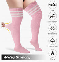 Plus Size Thigh High Socks - Striped, Acrylic and Cotton Material - 2 Pack w FREE Belt Straps