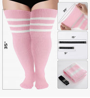 Plus Size Thigh High Socks - Striped, Acrylic and Cotton Material - 2 Pack w FREE Belt Straps