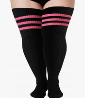 Plus Size Thigh High Socks - Striped, Acrylic and Cotton Material - 2 Pack w FREE Belt Straps