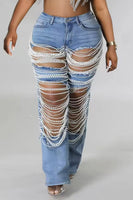 Pearl Jeans Casual Vintage Cutout High Waist, Pearls Denim Jeans with Pockets.