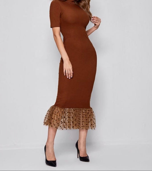 Rust Mesh Dotted Dress