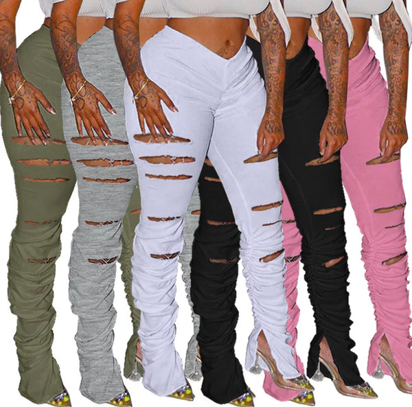 High-Waisted Ripped Stacked Bottom Leggings